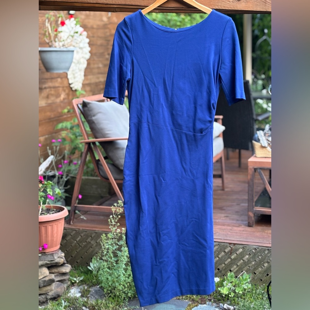 Escada Cobalt Blue Ponte Knit Half Sleeve Sheath Dress, Elegant Midi Dress, 36